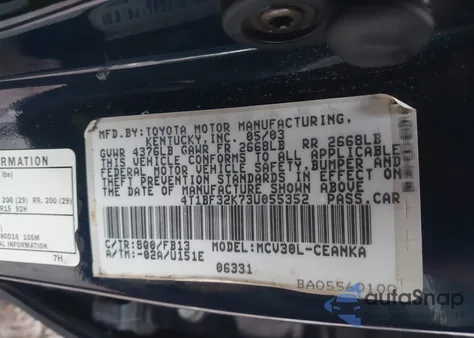 2003 Toyota Camry Le V6 из США, поврежденный, VIN 4T1BF32K73U055352